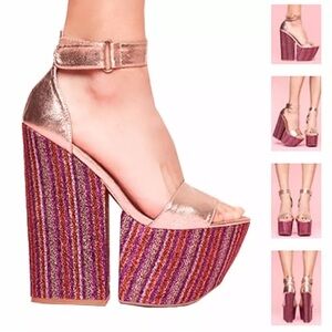 Jeffrey Campbell forget disco platform glitter heels metallic champagne